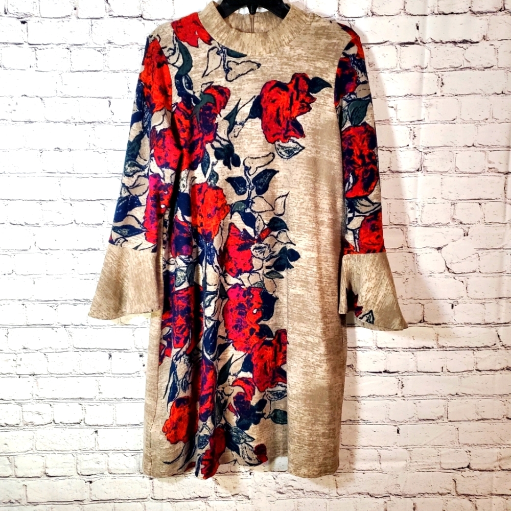 Chelsea & Theodore Floral Print Sweater Dress Bell Sleeves Size 1X